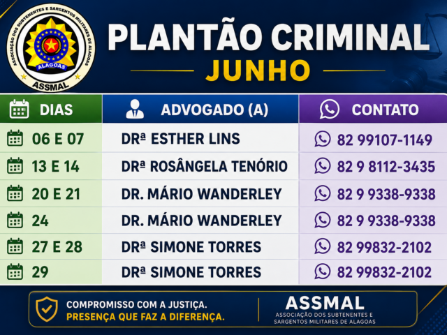 🚨 PLANTÃO CRIMINAL ASSMAL – JUNHO 🚨